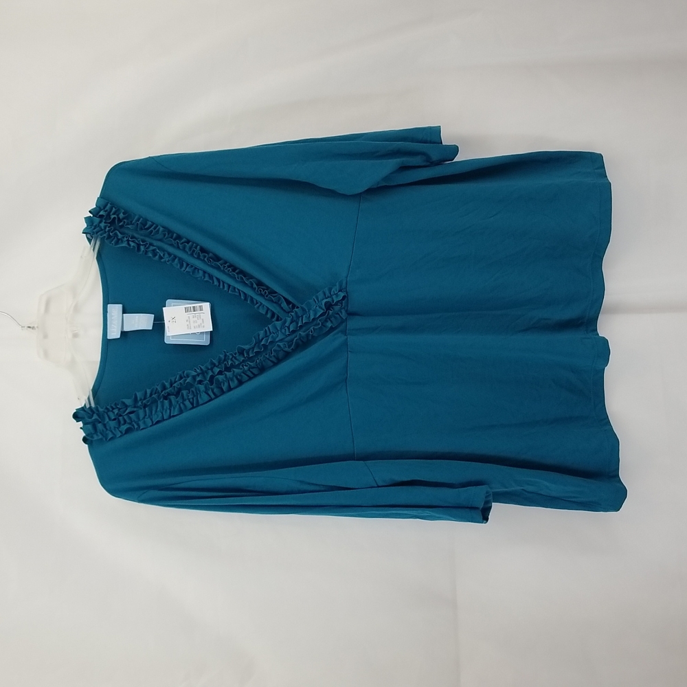 LIZ & ME Turquoise Blue V-Neck 3/4 Sleeve Ruffle Detail Top Shirt